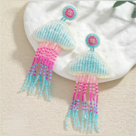Jewelry - Boho Chic Jellyfish Beaded Handmade Earrings - Pink & Blue
